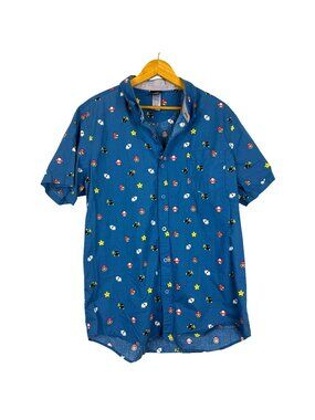 Super Mario Bros Nintendo Men's XL Casual Button Shirt Cotton Blue Casual Gamer